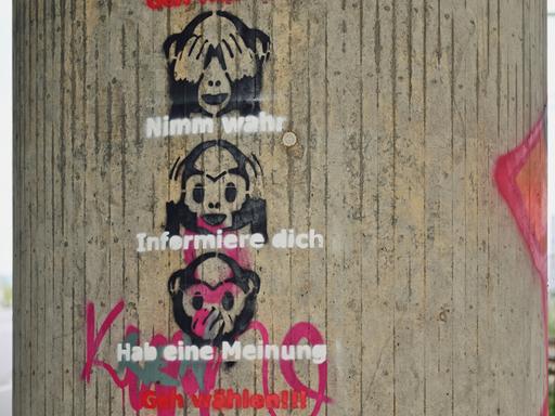 Graffitti aus dem Spektrum der Verschwörungsgläubigen an einer Mannheimer Brücke.
