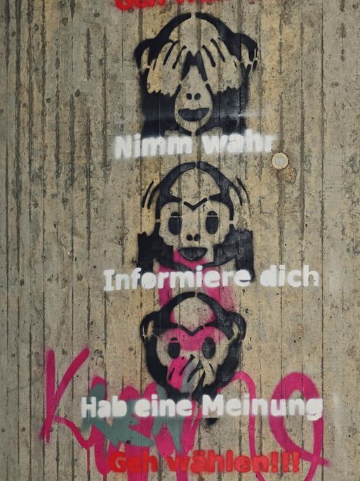Graffitti aus dem Spektrum der Verschwörungsgläubigen an einer Mannheimer Brücke.