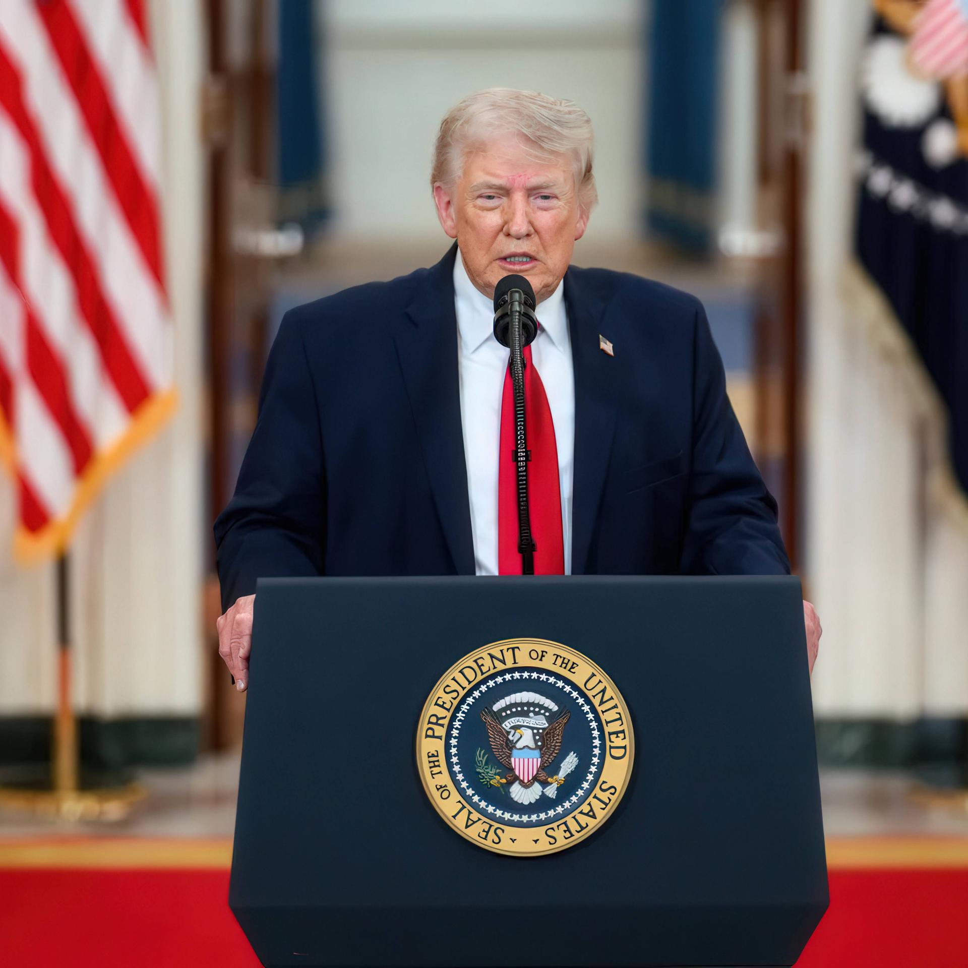 Donald Trump steht an einem Mikrofonpult. Neben ihm steht eine US-amerikanische Flagge