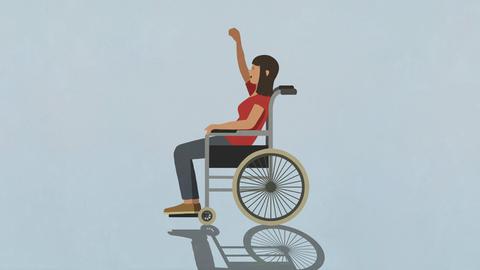 Eine Illustration zeigt eine Frau im Rollstuhl, die mit geballter Faust demonstriert. 