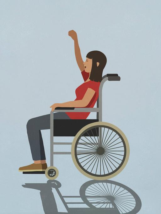 Eine Illustration zeigt eine Frau im Rollstuhl, die mit geballter Faust demonstriert. 