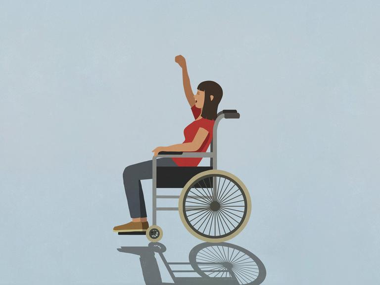 Eine Illustration zeigt eine Frau im Rollstuhl, die mit geballter Faust demonstriert. 