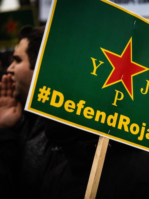 Demonstranten mit einem grünen Schild, auf dem steht "Defend Rokava".