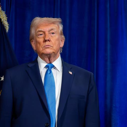 US-Präsident Donald Trump steht vor einem blauen Hintergund und schaut starr nach vorne