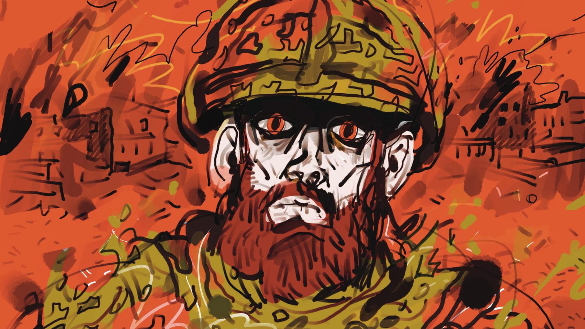 Comicszene: ein Soldat vor einem orangenem Hintergrund.