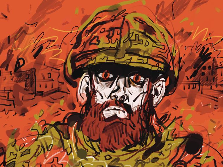 Comicszene: ein Soldat vor einem orangenem Hintergrund.
