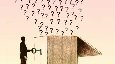 Illustration einer Person, welche mit einem Schlüssel eine Box mit vielen Fragezeichen öffnet. 