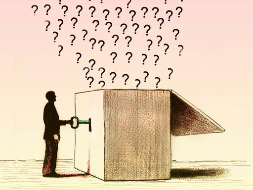 Illustration einer Person, welche mit einem Schlüssel eine Box mit vielen Fragezeichen öffnet. 