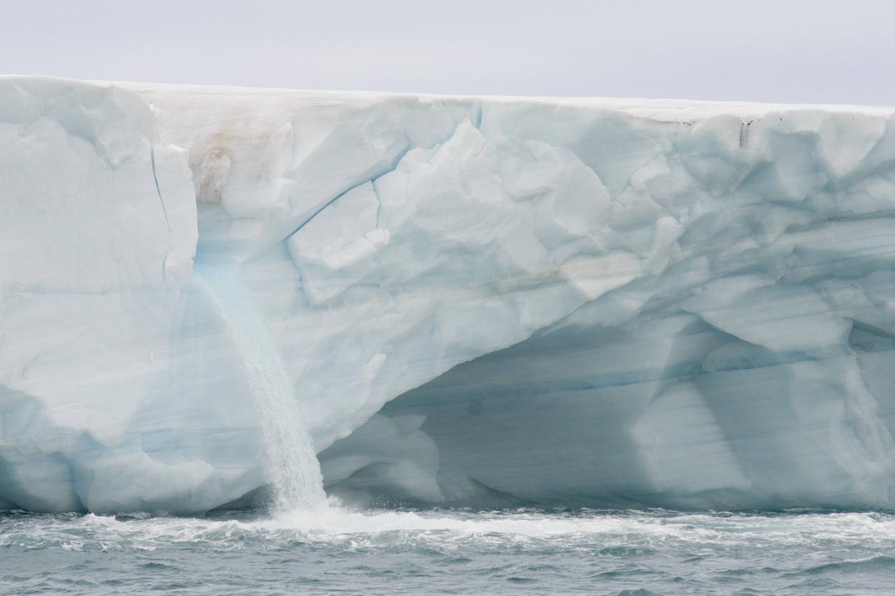 Von einem arktischen Gletscher fließt Schmelzwasser in den Ozean. 