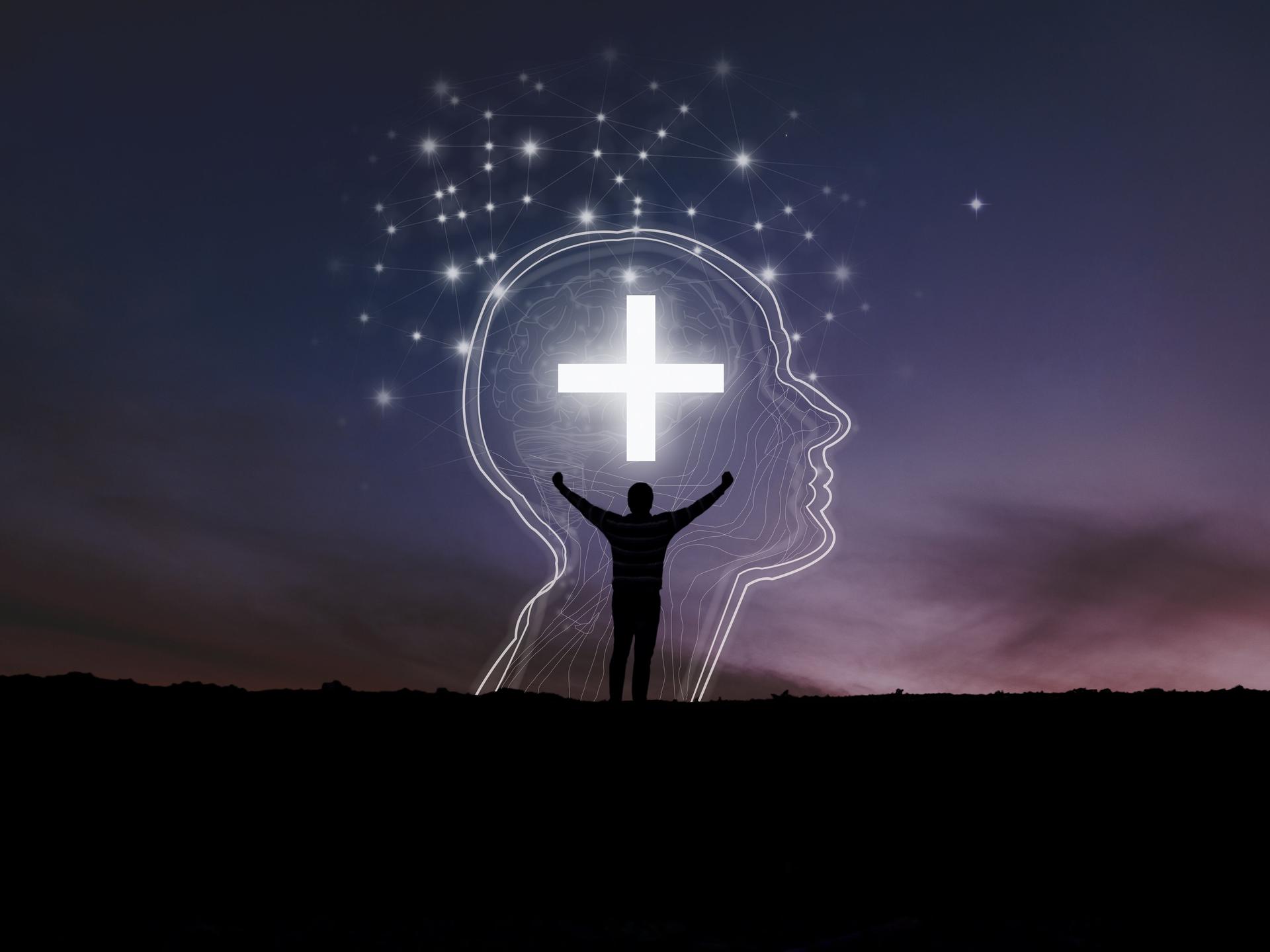 Illustration zeigt einen Kopf mit einem Kreuz aus digital anmutenden Elementen. Davor ein anbetende schwarze Silhouette.