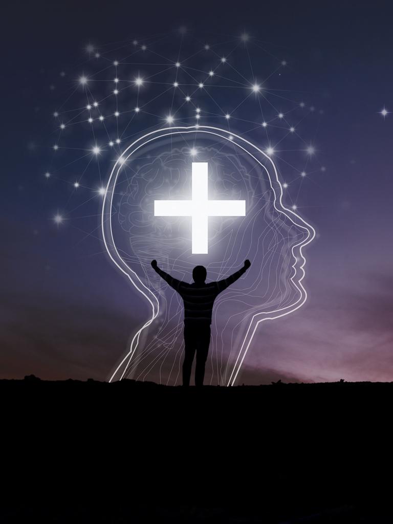 Illustration zeigt einen Kopf mit einem Kreuz aus digital anmutenden Elementen. Davor ein anbetende schwarze Silhouette.