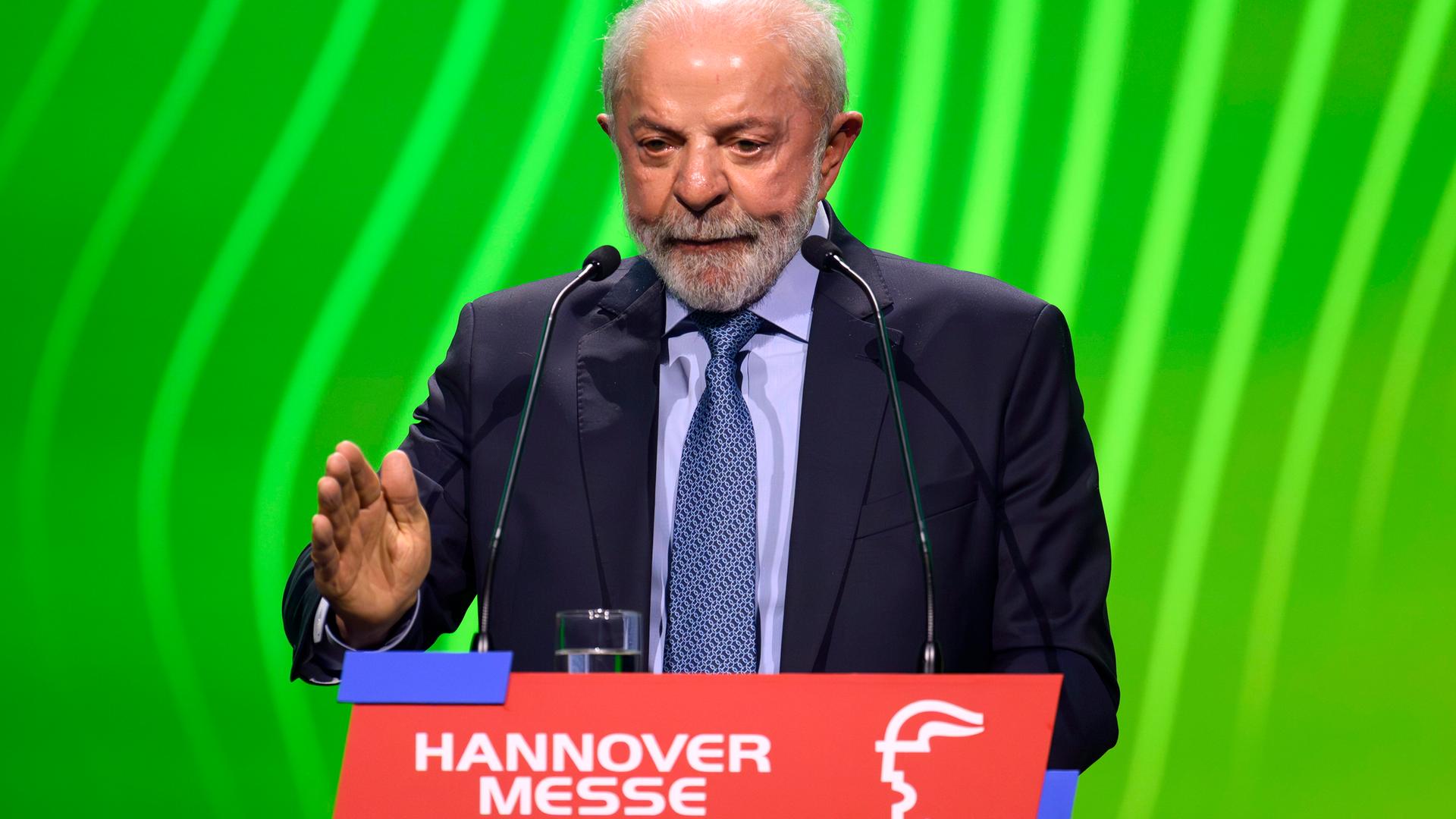 Brasiliens Präsident Luiz Inacio Lula da Silva (PT) spricht bei der Eröffnungszeremonie der Hannover Messe im HCC Hannover Congress Centrum