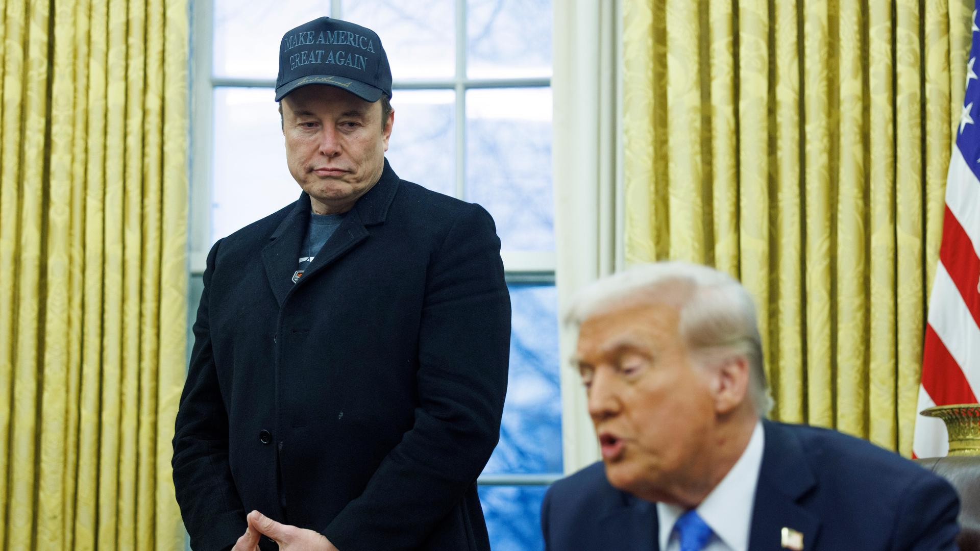 Elon Musk steht im Weißen Haus und blickt herab auf Donald Trump, der am Schreib-Tisch sitzt Elon Musk steht im Weißen Haus und blickt herab auf Donald Trump, der am Schreib-Tisch sitzt