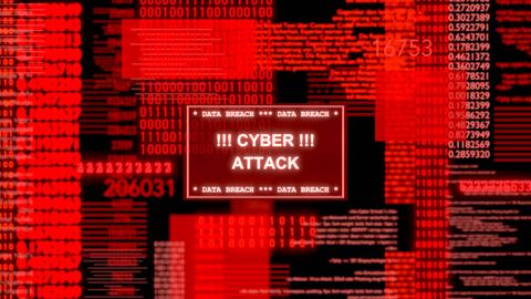 Roter Computerbildschirm mit Datencodes und einem Warnhinweis "Cyber Attack"