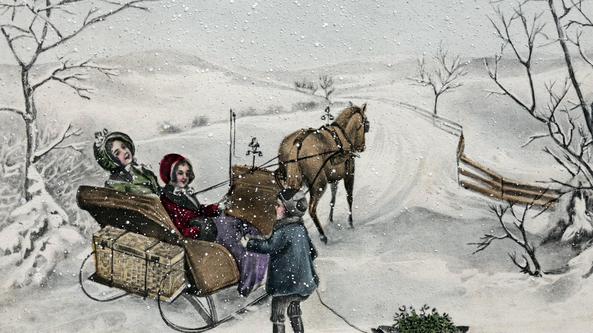Eine historische Postkarte (um 1900) mit Neujahrsgruß zeigt Kinder auf einem Pferdeschlitten im Schnee.