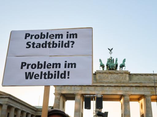 "Problem im Stadtbild? - Problem im Weltbild" steht auf einem Plakat, das ein Demonstrant vor dem Brandenburger Tor hält. 