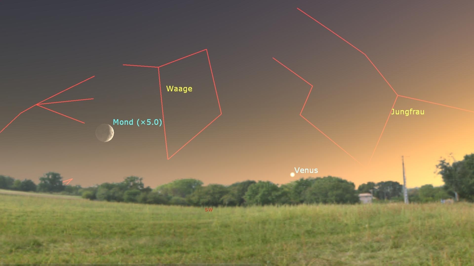 Bild des Sternenhimmels zeigt den Horizont mit dem Mond, der Venus sowie den Sternbildern Waage und Jungfrau