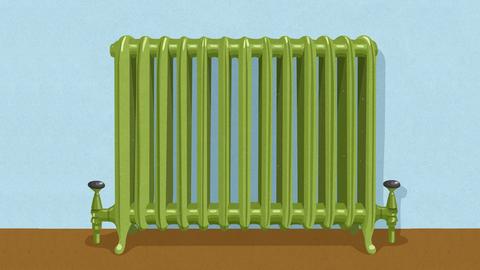 Illustration: Klassischer Heizkörper in grün vor blauer Wand.
