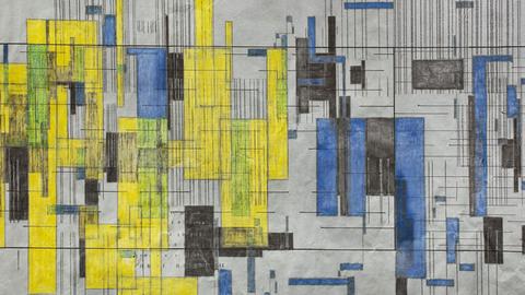 grafische Flächen in gelb blau und schwarz