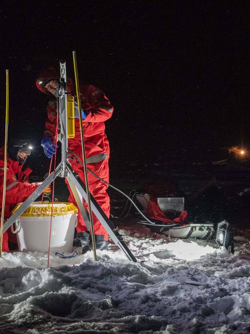 Drei Forschende entnehmen in der Polarnacht Proben an einem Loch im Eis, im Hintergrund die "Polarstern"