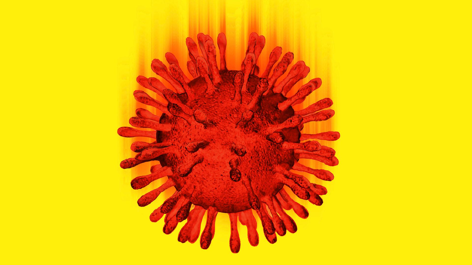 Illustration: Roter fallender Coronavirus auf gelbem Hintergrund.