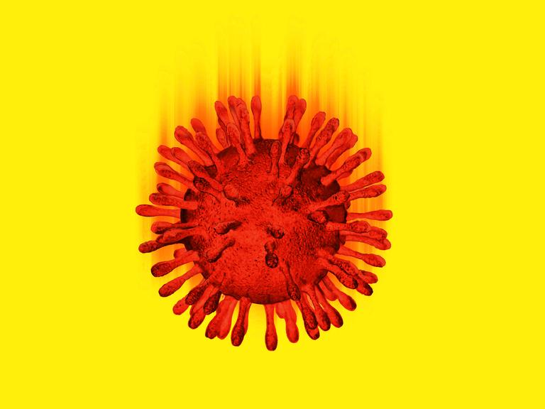 Illustration: Roter fallender Coronavirus auf gelbem Hintergrund.