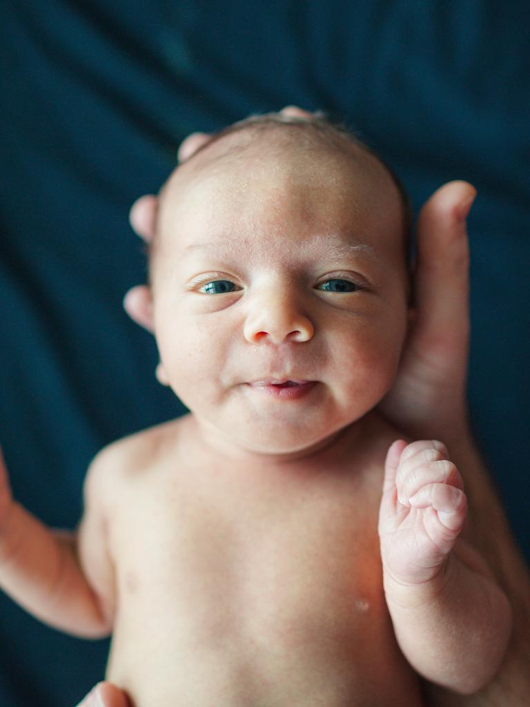 Ein neugeborenes Baby, der kleine Kopf liegt in einer grossen Hand.