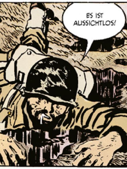 Eine Szene aus dem Comic: Soldaten in schwarzer Uniform mit einem Panzer.
