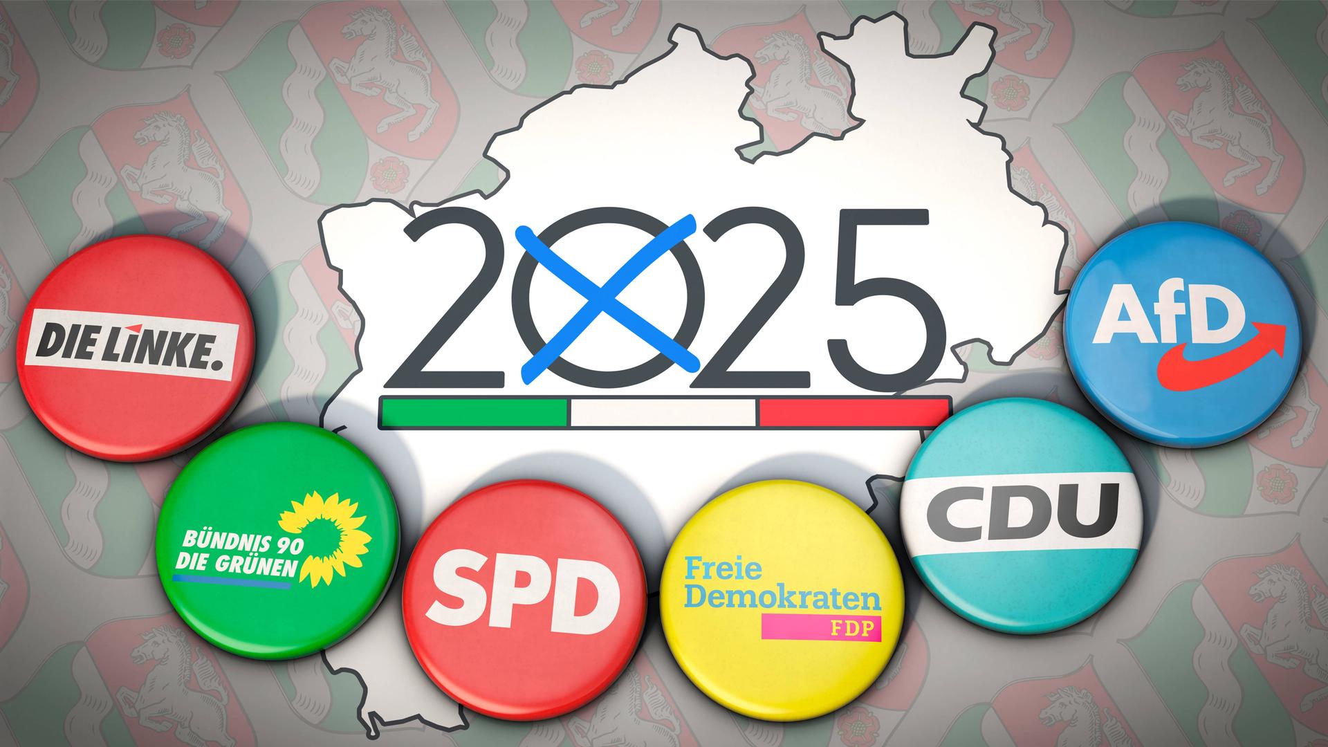 Symbolbild zum Thema Kommunalwahl in Nordrhein-Westfalen 2025. Das Land NRW ist im Hintergrund gezeichnet, davor Buttons mit den verschiedenen Parteien von Die Linke, Bündnis 90/Grüne, SPD, FDP, CDU und AfD. 