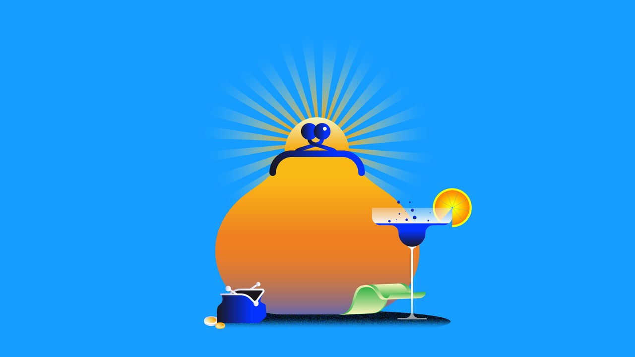 Illustration: Eine untergehende Sonne in Form eines Portemonnaies hinter einem Cocktailglas und einem Geldschein. Links ein kleiner geöffnete Geldbeutel ohne Inhalt