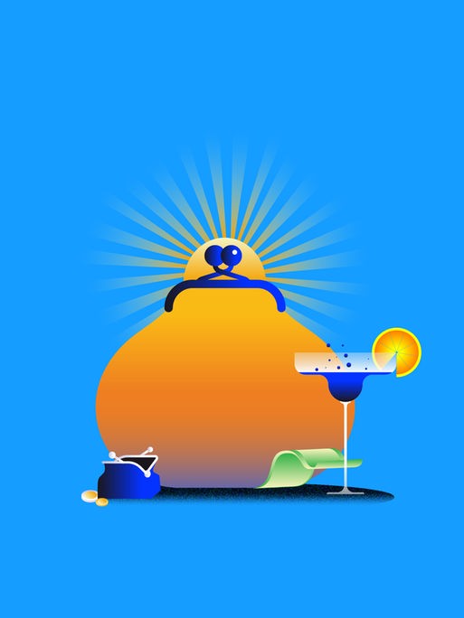 Illustration: Eine untergehende Sonne in Form eines Portemonnaies hinter einem Cocktailglas und einem Geldschein. Links ein kleiner geöffnete Geldbeutel ohne Inhalt