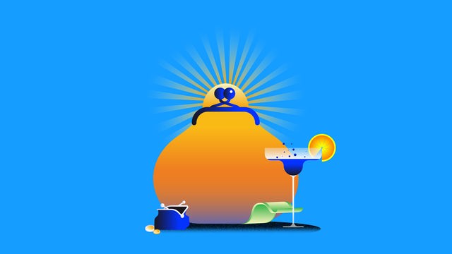 Illustration: Eine untergehende Sonne in Form eines Portemonnaies hinter einem Cocktailglas und einem Geldschein. Links ein kleiner geöffnete Geldbeutel ohne Inhalt