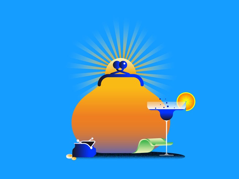 Illustration: Eine untergehende Sonne in Form eines Portemonnaies hinter einem Cocktailglas und einem Geldschein. Links ein kleiner geöffnete Geldbeutel ohne Inhalt