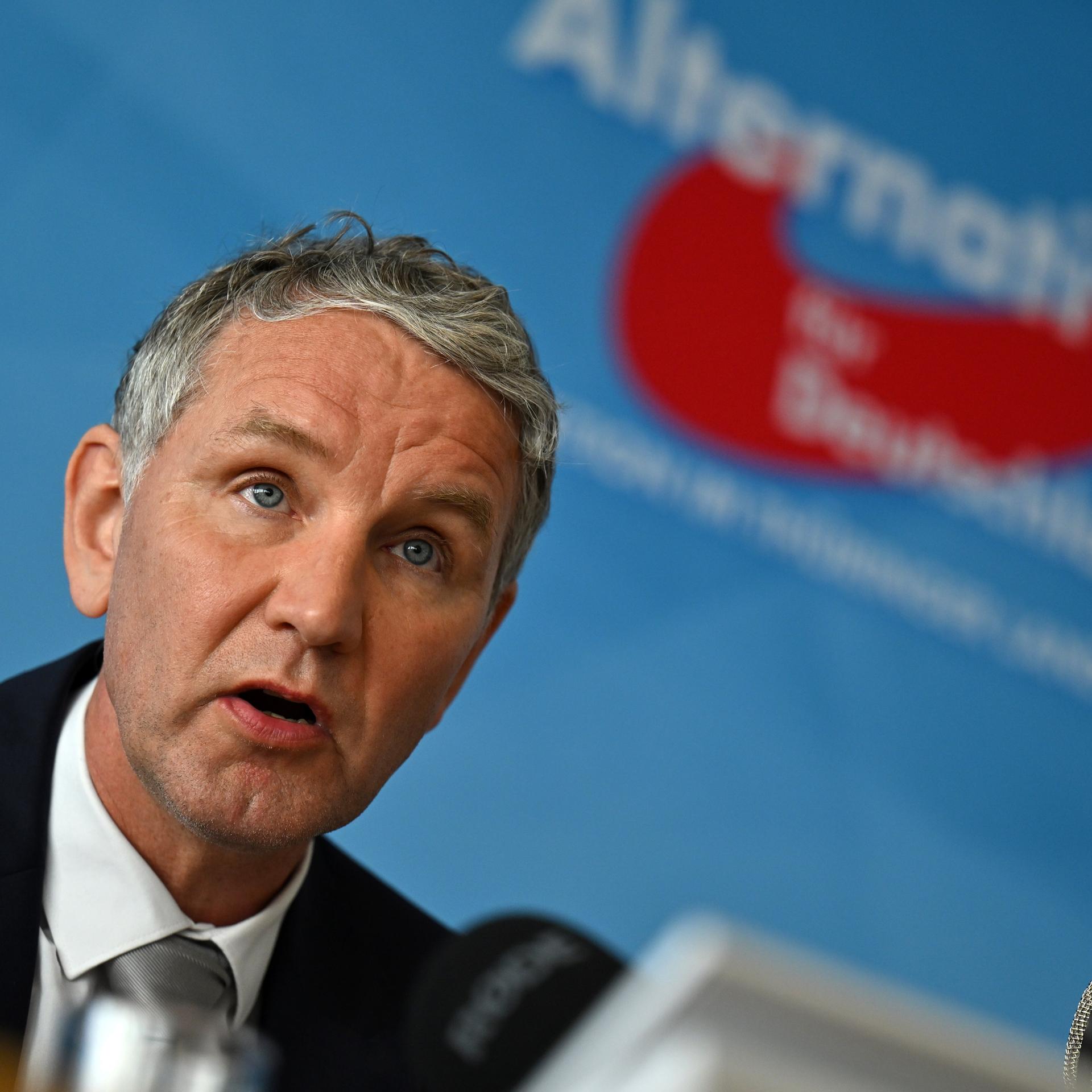 Björn Höcke sitzt vor einer blauen Wand mit dem Logo seiner Partei.