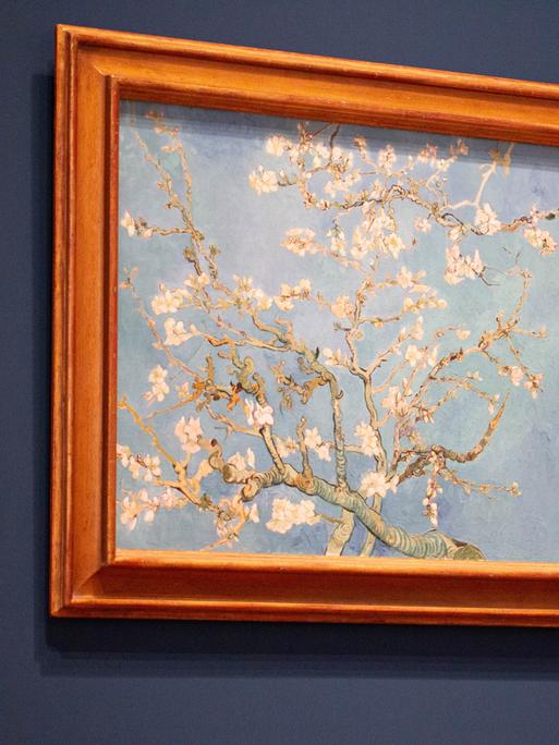 Ein Besucher steht vor dem berühmten Mandelblüten Bild von Vincent van Gogh in der Jubiläums-Sonderausstellung "Choosing Vincent - Portrait of a Family History" im Van Gogh Museum in Amsterdam, 2023.