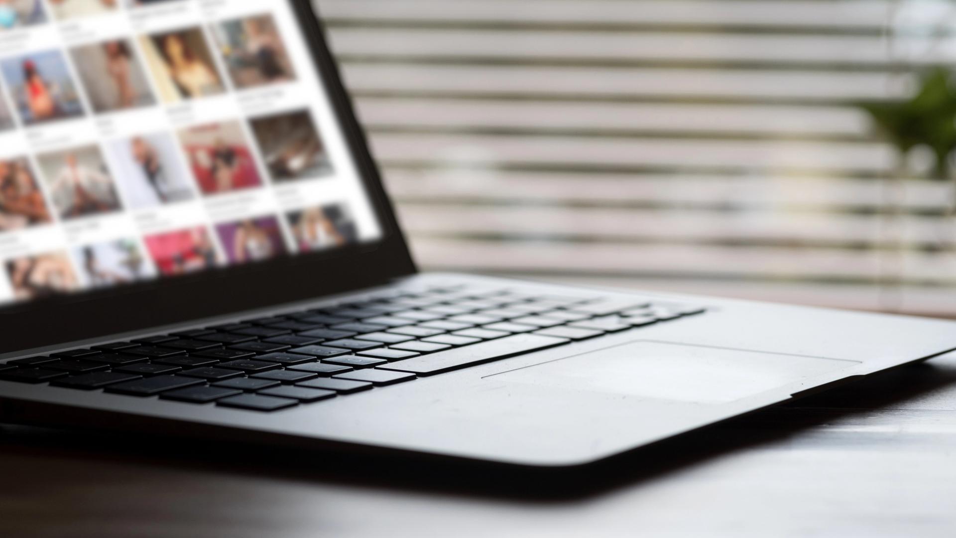 Ein Laptop auf dem Teaser-Bilder für pornografische Videos zu sehen sind.