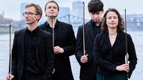 Vier junge Menschen stehen vor einem Stadtpanorama. Sie halten alle einen Bogen in der Hand, mit sie auf ihren Instrumenten spielen können. Die Instrumente: Geige, Bratsche, Cello sind aber nicht sichtbar. Zusammen bilden die vier das Eliot Quartett.