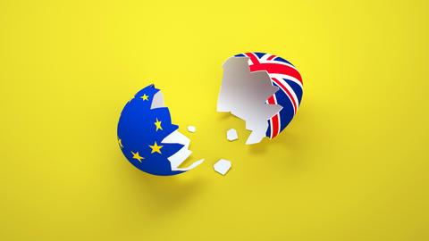 Illustration: Eine zerbrochene Eierschale mit den Flaggen Europas und Großbritanniens auf gelbem Hintergrund