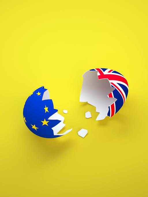 Illustration: Eine zerbrochene Eierschale mit den Flaggen Europas und Großbritanniens auf gelbem Hintergrund