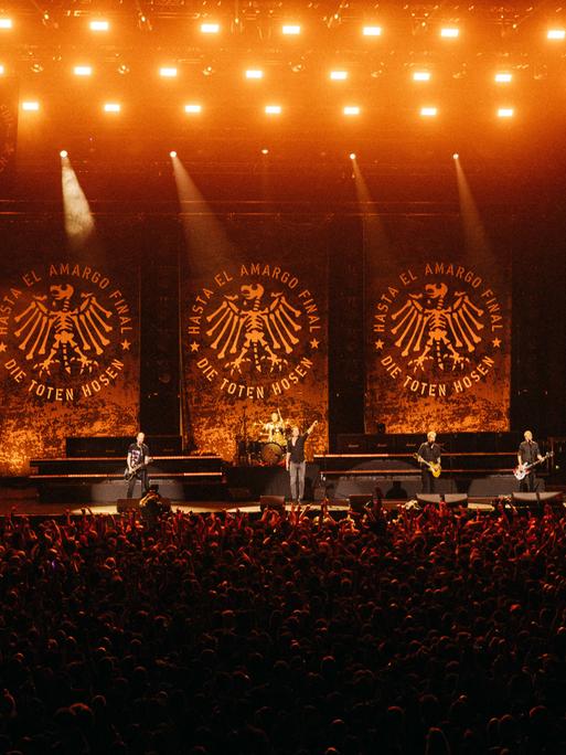 Das Abschiedskonzert der Toten Hosen in Argentinien in der Movistar Arena von Buenos Aires: Die Musiker stehen auf einer riesigen Bühne; im Vordergrund sind viele Zuschauer zu sehen.
