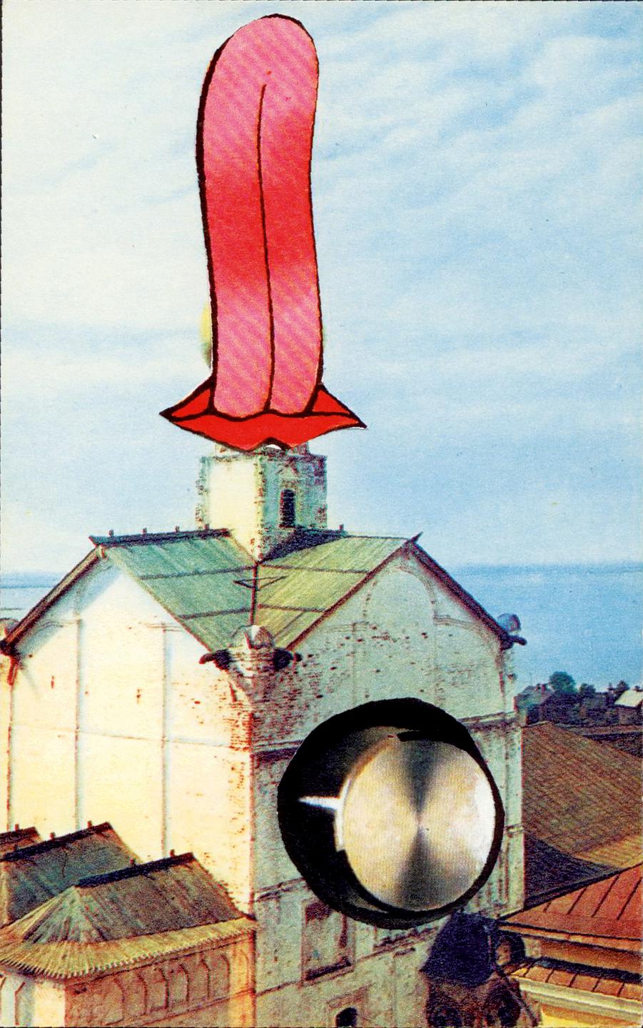 Collage über „Russisches Kloster“ (Postkarte), 1982 15 x 10 cm verschiedene Papiere