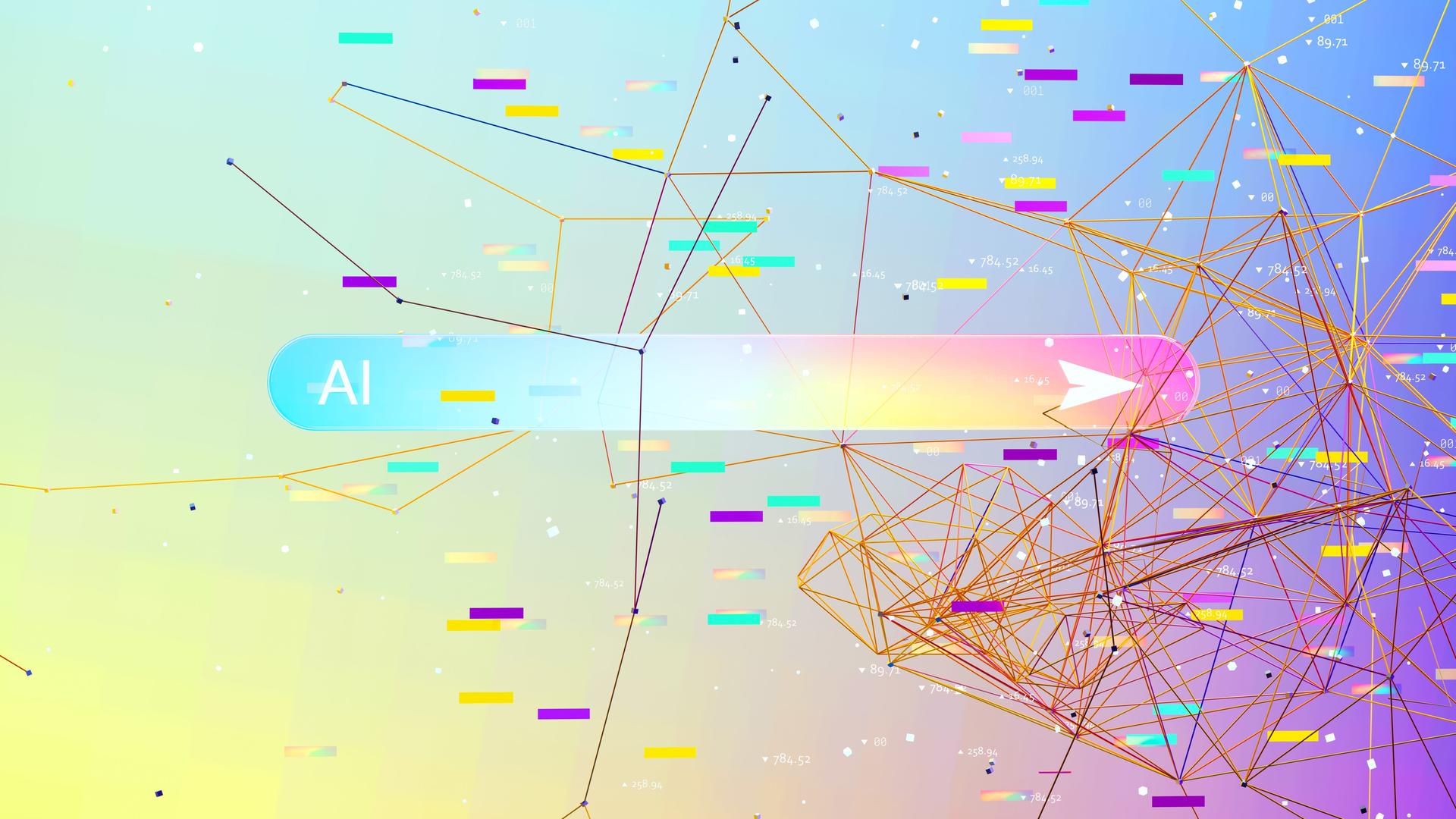 Illustration: Eine mehrfarbige KI-Suchleiste, umgeben von mehrfarbigen vernetzten Datenblättern.