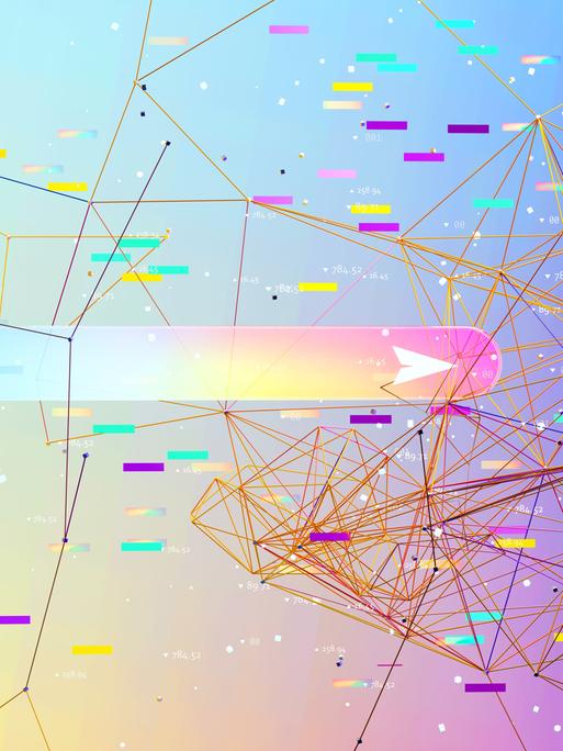 Illustration: Eine mehrfarbige KI-Suchleiste, umgeben von mehrfarbigen vernetzten Datenblättern.
