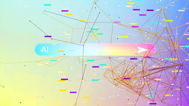 Illustration: Eine mehrfarbige KI-Suchleiste, umgeben von mehrfarbigen vernetzten Datenblättern.