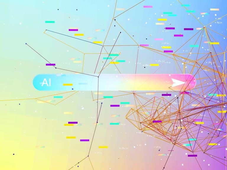 Illustration: Eine mehrfarbige KI-Suchleiste, umgeben von mehrfarbigen vernetzten Datenblättern. Illustration: Eine mehrfarbige KI-Suchleiste, umgeben von mehrfarbigen vernetzten Datenblättern.