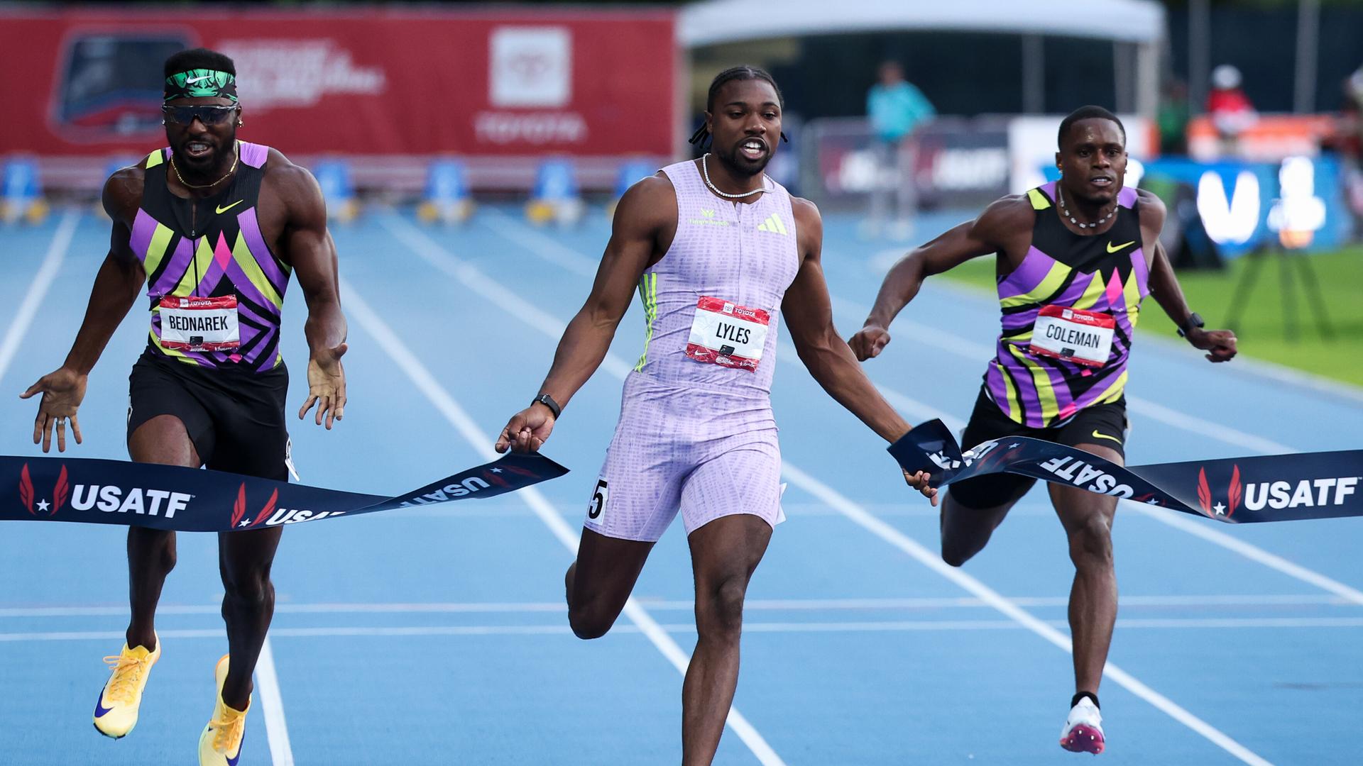 Zu sehen sind die Sprinter Ronnie Baker, Noah Lyles und Kenny Bednarek bei den US-Meisterschaften. Zu sehen sind die Sprinter Ronnie Baker, Noah Lyles und Kenny Bednarek bei den US-Meisterschaften.
