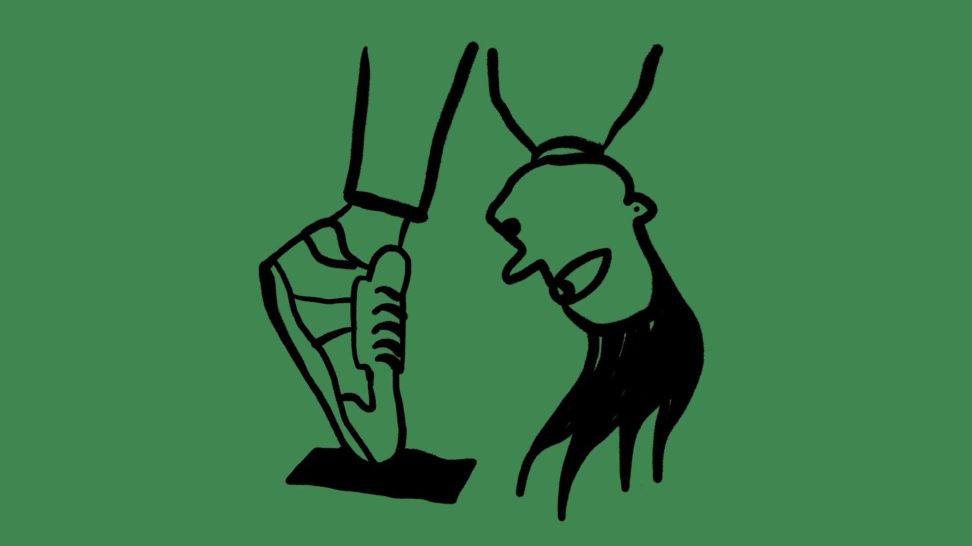 Skizze einer Person, die sich auf Zehenspitzen vornüberbeugt, man sieht nur die Turnschuhe und den Kopf Skizze einer Person, die sich auf Zehenspitzen vornüberbeugt, man sieht nur die Turnschuhe und den Kopf