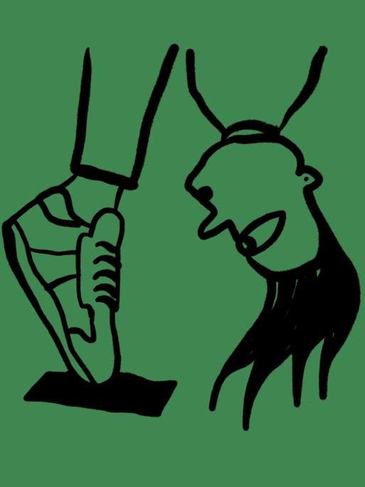 Skizze einer Person, die sich auf Zehenspitzen vornüberbeugt, man sieht nur die Turnschuhe und den Kopf Skizze einer Person, die sich auf Zehenspitzen vornüberbeugt, man sieht nur die Turnschuhe und den Kopf