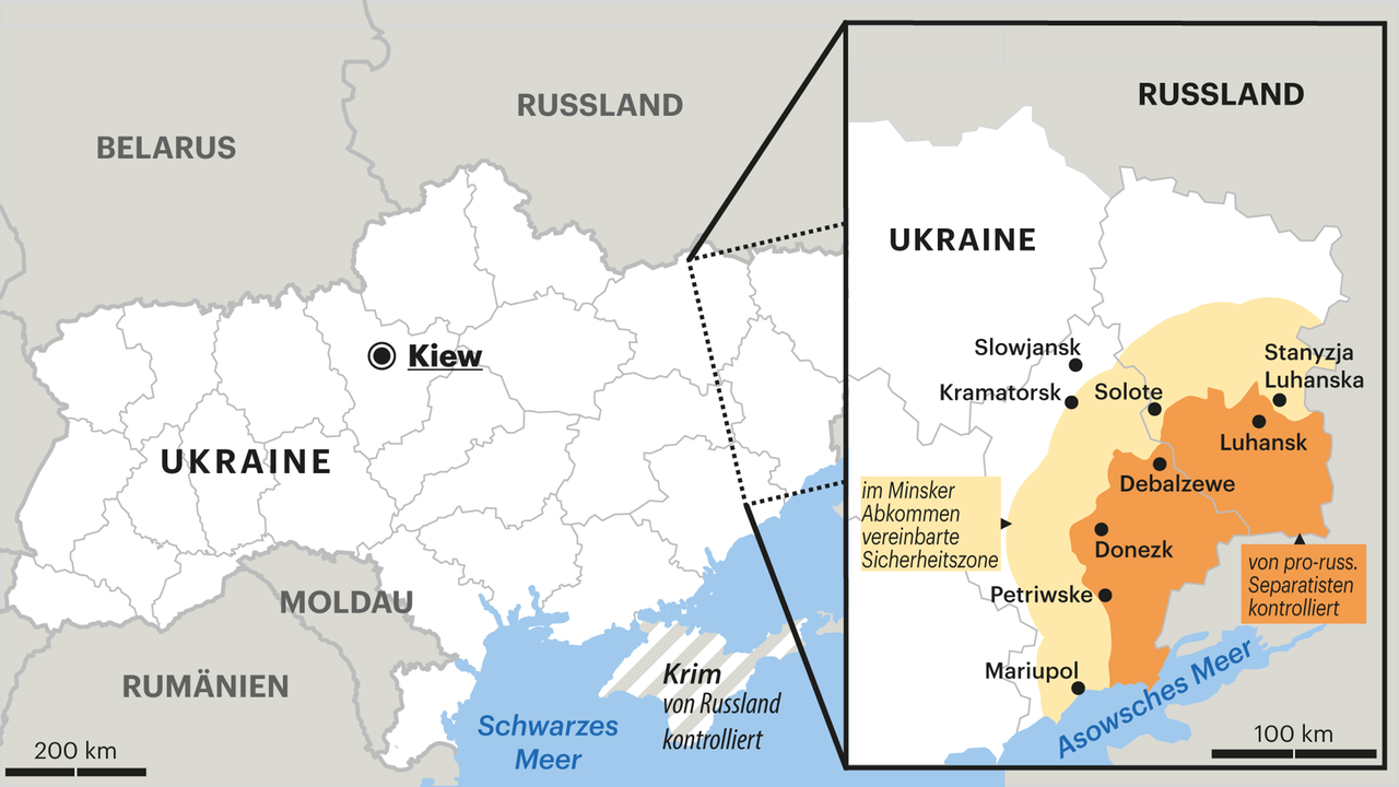 Karte zeigt die Ostukraine mit dem von Separatisten kontrolliertem Gebiet und der Minsker Sicherheitszone