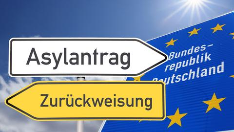 Richtungspfeile zeigen in die Richtung ASYLANTRAG und ZURÜCKWEISUNG, daneben ein Grenzschild der Bundesrepublik Deutschland 